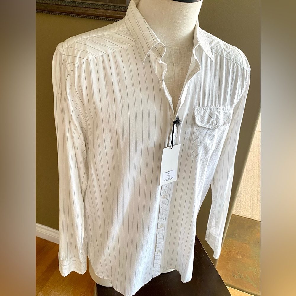 Dress Shirt By TAKEL White w/ Grey Stripping Size ~ XL